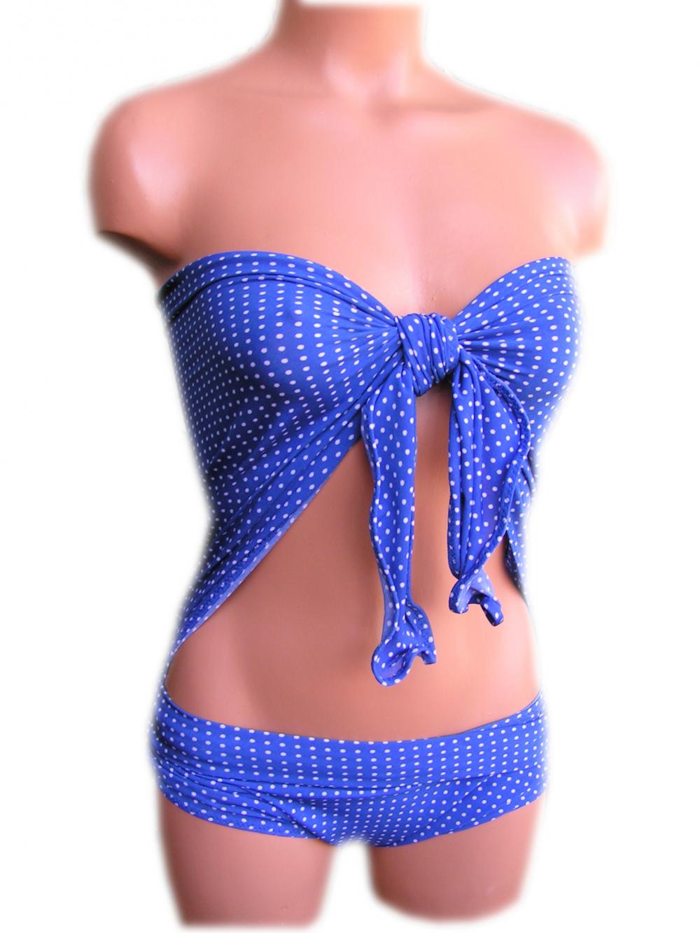 Bathing Suit Small Wraparound Swimsuit Royal Blue With White Polka