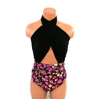Large Bathing Suit Wrap Around Swimsuit Fuchsia and Black Skulls Plus Size
